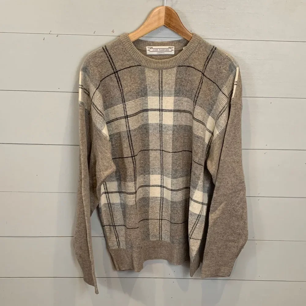 John Ashford 100% pure lambs wool Plaid Tan Sweater for Men preppy size large